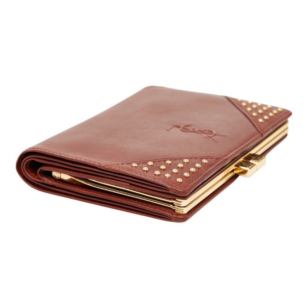 Saint Laurent YSL logo studded bifold wallet in brown leather for women.