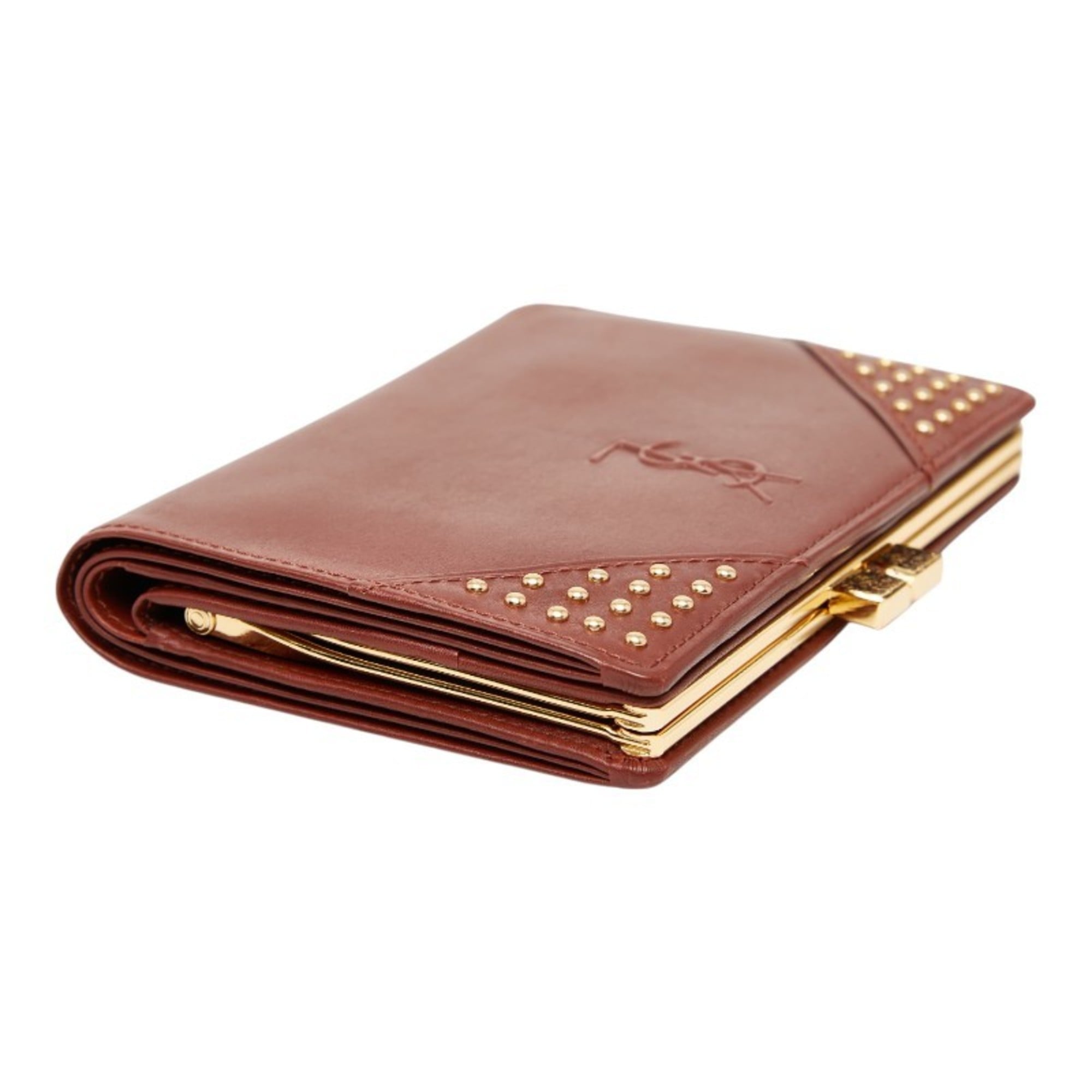 Saint Laurent YSL logo studded bifold wallet in brown leather for women.