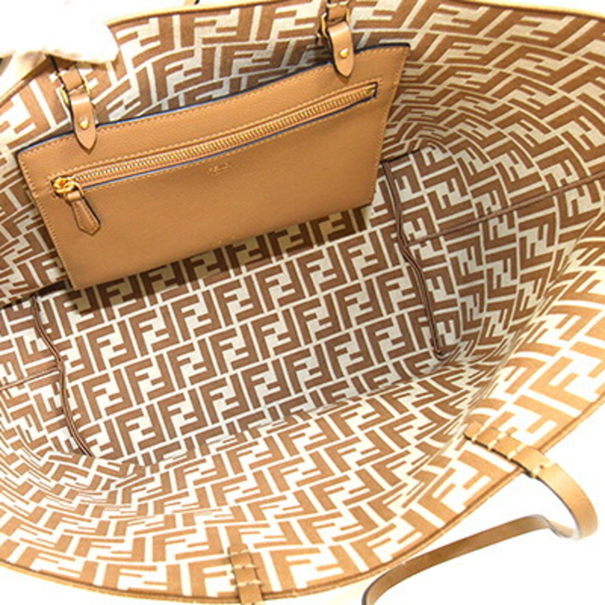 Fendi Roll Large Tote Bag 8BH425 Beige Fabric Leather Reversible Shoulder FF Zucca Pecan Stripe Women's FENDI