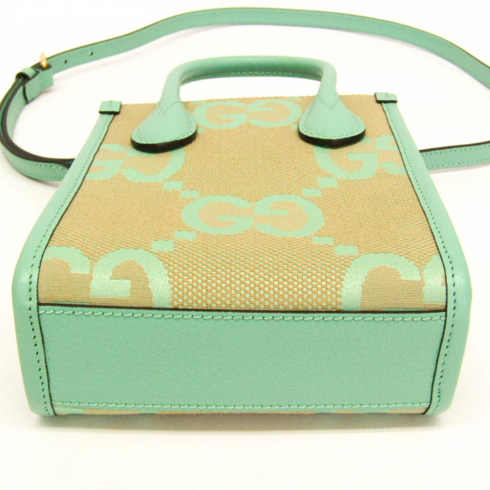 Gucci Jumbo GG 671623 Women's Canvas,Leather Handbag,Shoulder Bag Beige,Light Green — Like New