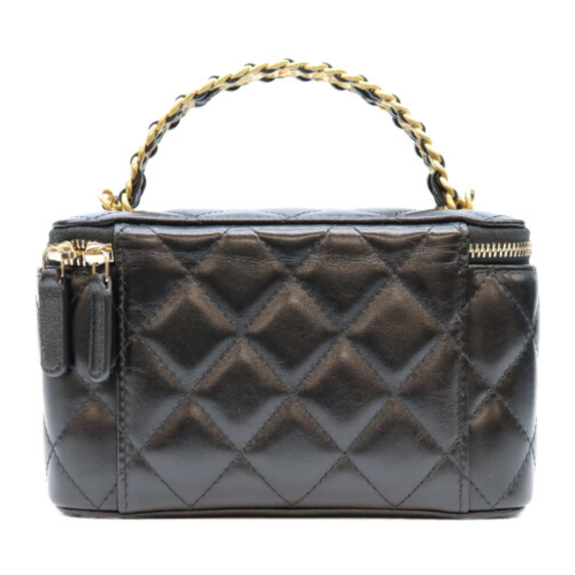 CHANEL AP3243 Black Lambskin Gold Hardware Top Handle 2-Way Vanity Bag Shoulder Women's — Like New