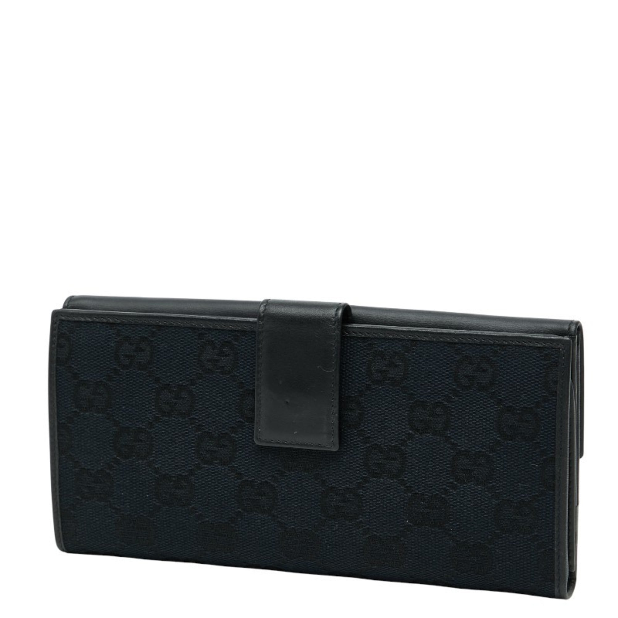 Gucci GG Canvas Long Wallet 035 1408 2150 Navy Black Leather Women's GUCCI