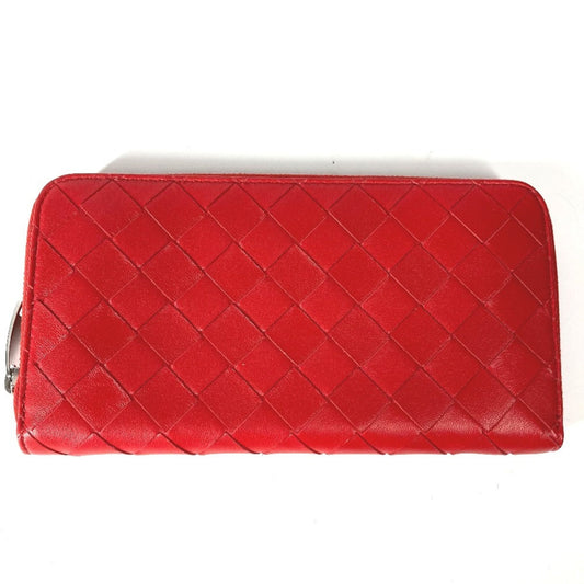 BOTTEGA VENETA 593217 Intrecciato Leather Round Zip Long Wallet for Women, Red
