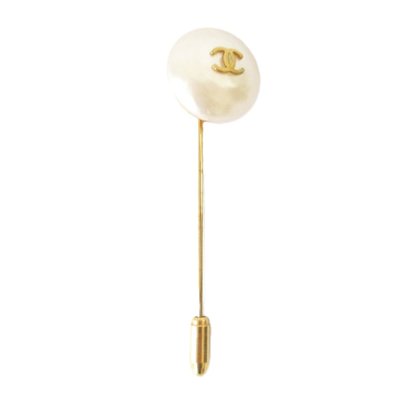 93P CHANEL Vintage Pearl Coco Mark Pin Brooch, Gold Color, Women's