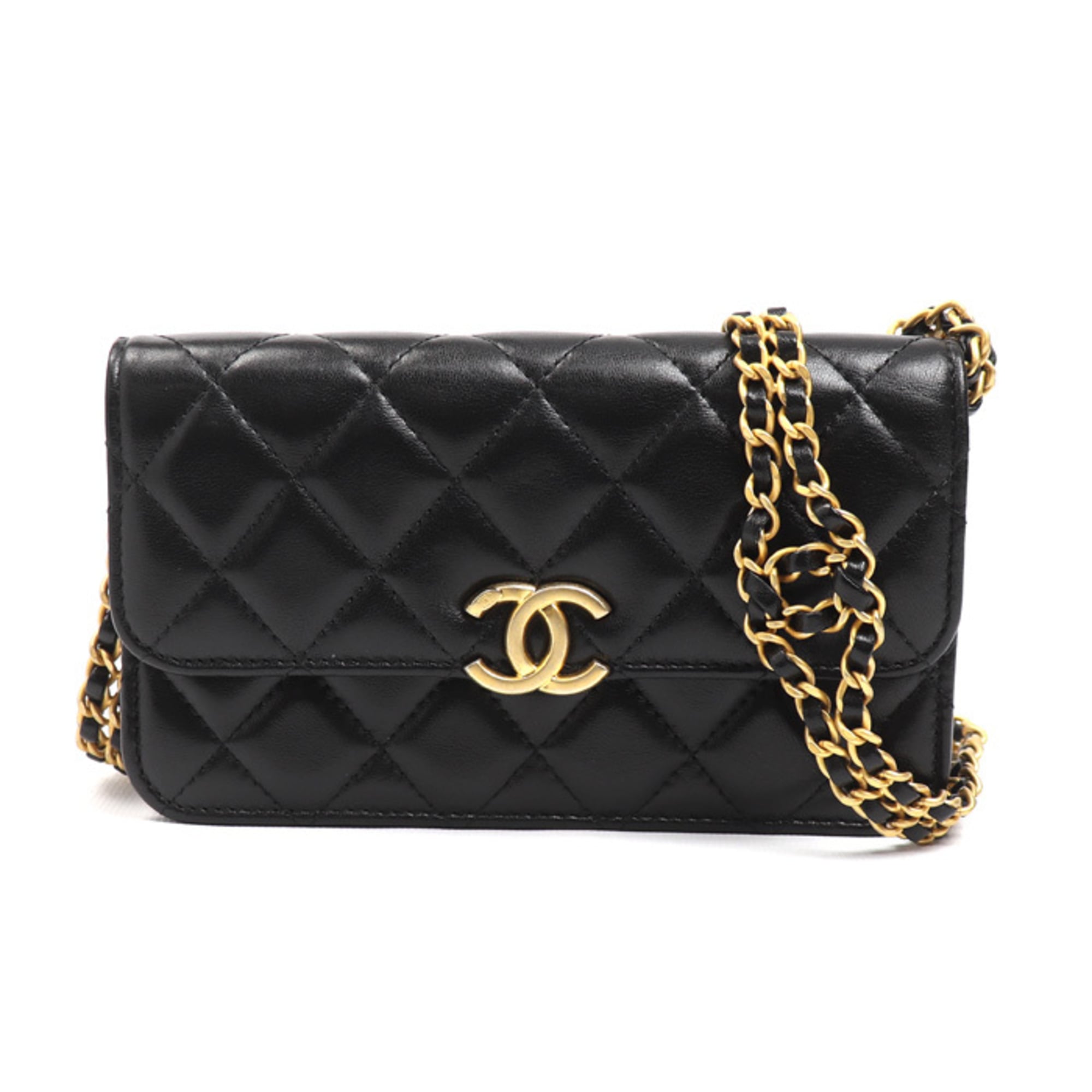 CHANEL Matelasse Flap Phone Holder Shoulder Bag, Black, AP3106, Women's — Like New