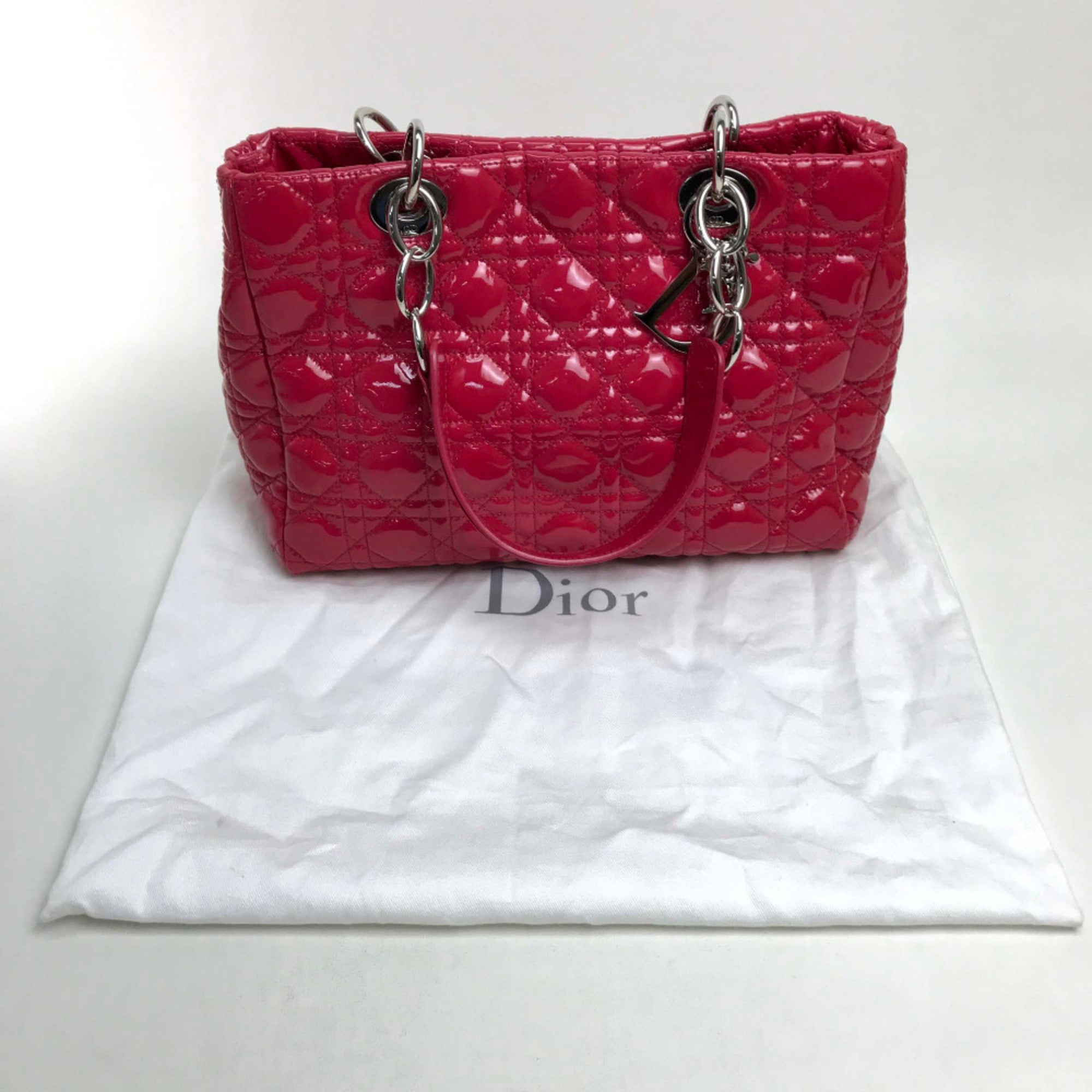 CHRISTIAN DIOR M0955PVR Cannage soft enamel Bag ChainShoulder Tote Bag Hand Bag Pink Based SilverHardware — Like New