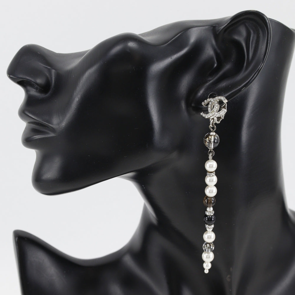 Chanel Coco Mark Earrings, Long, Metal x Faux Pearl Rhinestone, 2019 Model, Silver, A19K Gold, Approx. 11.0g, Women's — Like New