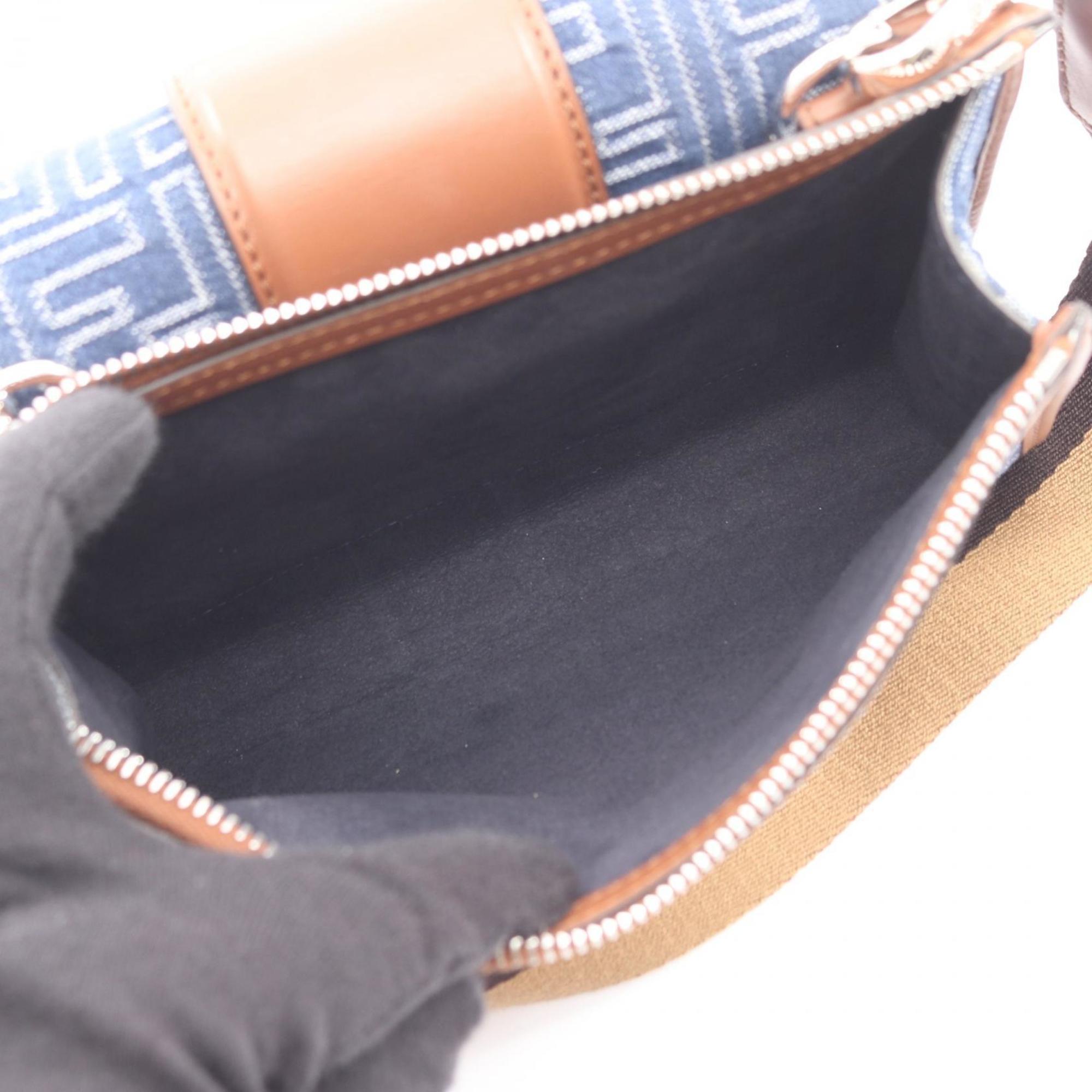 Fendi Double Baguette Zucca Shoulder Bag, Canvas and Leather, Men's, Navy Brown, 7VA649