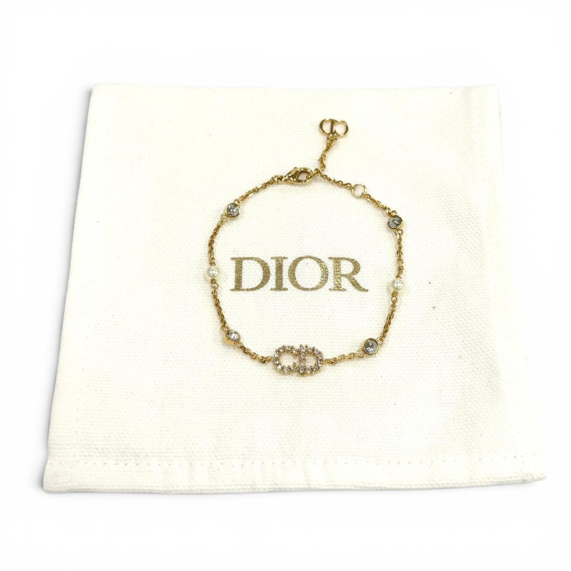 Christian Dior DIOR B3106WOMZI Claire D Lune Bracelet with CD logo, rhinestones, and faux pearls, gold, for women, dust bag — Like New