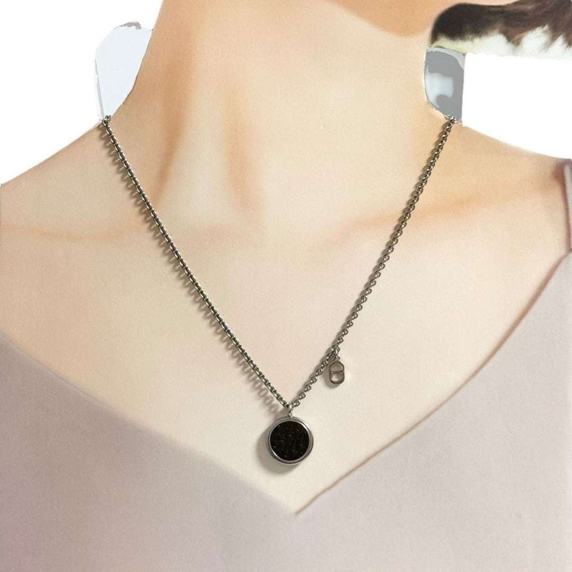Christian Dior Dior Men's Oblique Circle Pendant Necklace in Silver and Black — Like New