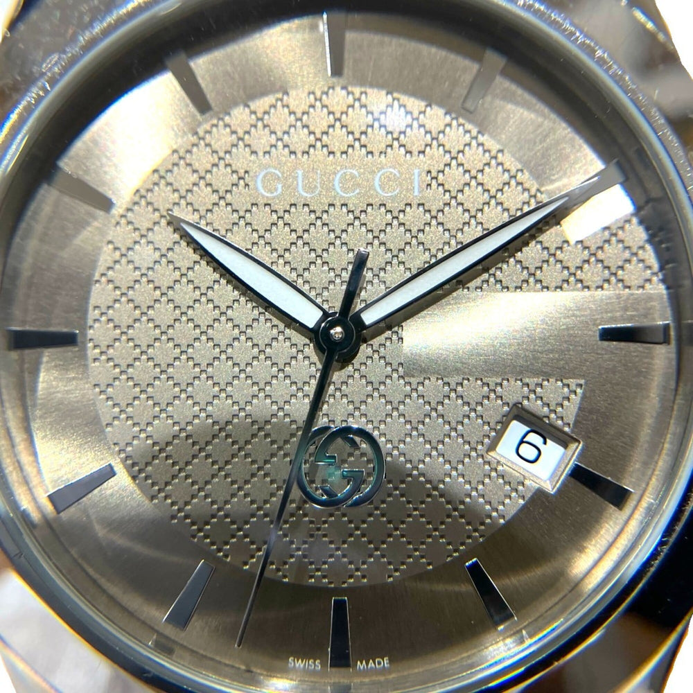 Gucci G-Timeless watch, total weight 96.4g, stainless steel, quartz movement, light brown dial. 126.4 — Good
