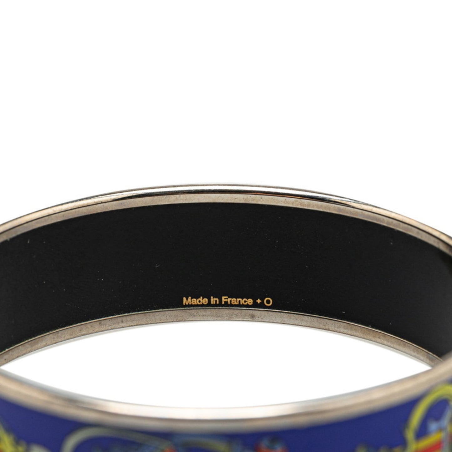 Hermes enamel GM cloisonné bangle in silver, blue, and multicolored metal for women.