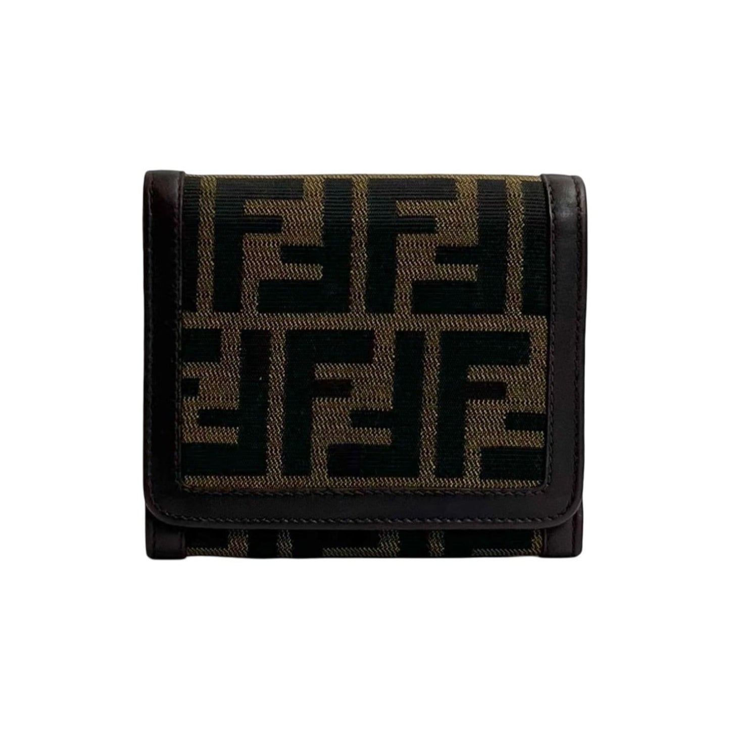 FENDI Zucca FF Pattern Canvas and Leather Tri-fold Wallet with Mini Card Case, Brown Black, 95098