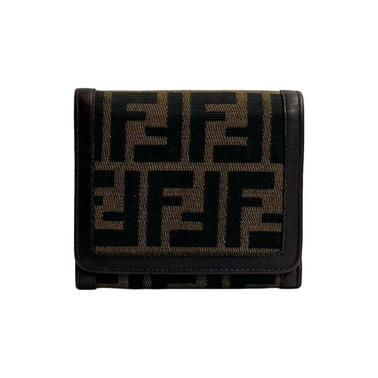 FENDI Zucca FF Pattern Canvas and Leather Tri-fold Wallet with Mini Card Case, Brown Black, 95098