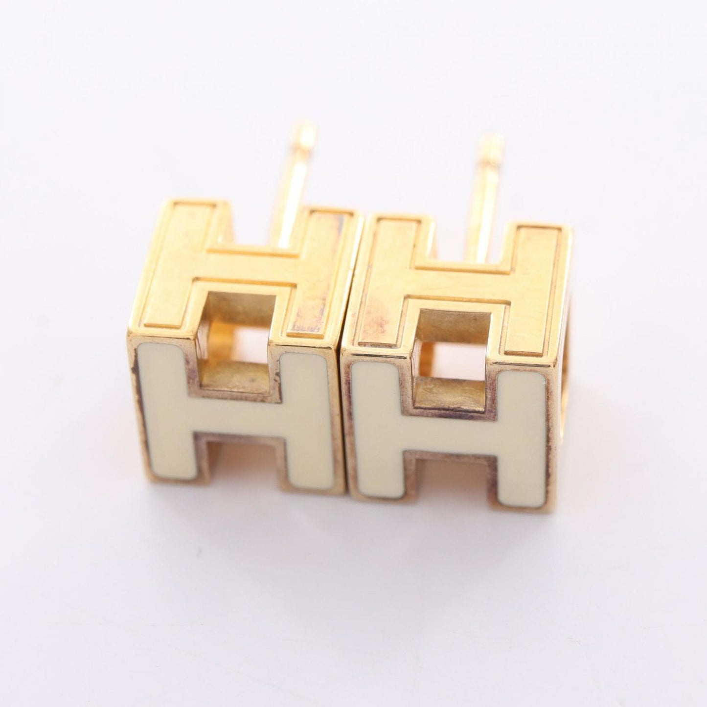 Hermès HERMES CAGE d'Ache H Cube Earrings, Gold-Plated, Women's, Gold and White