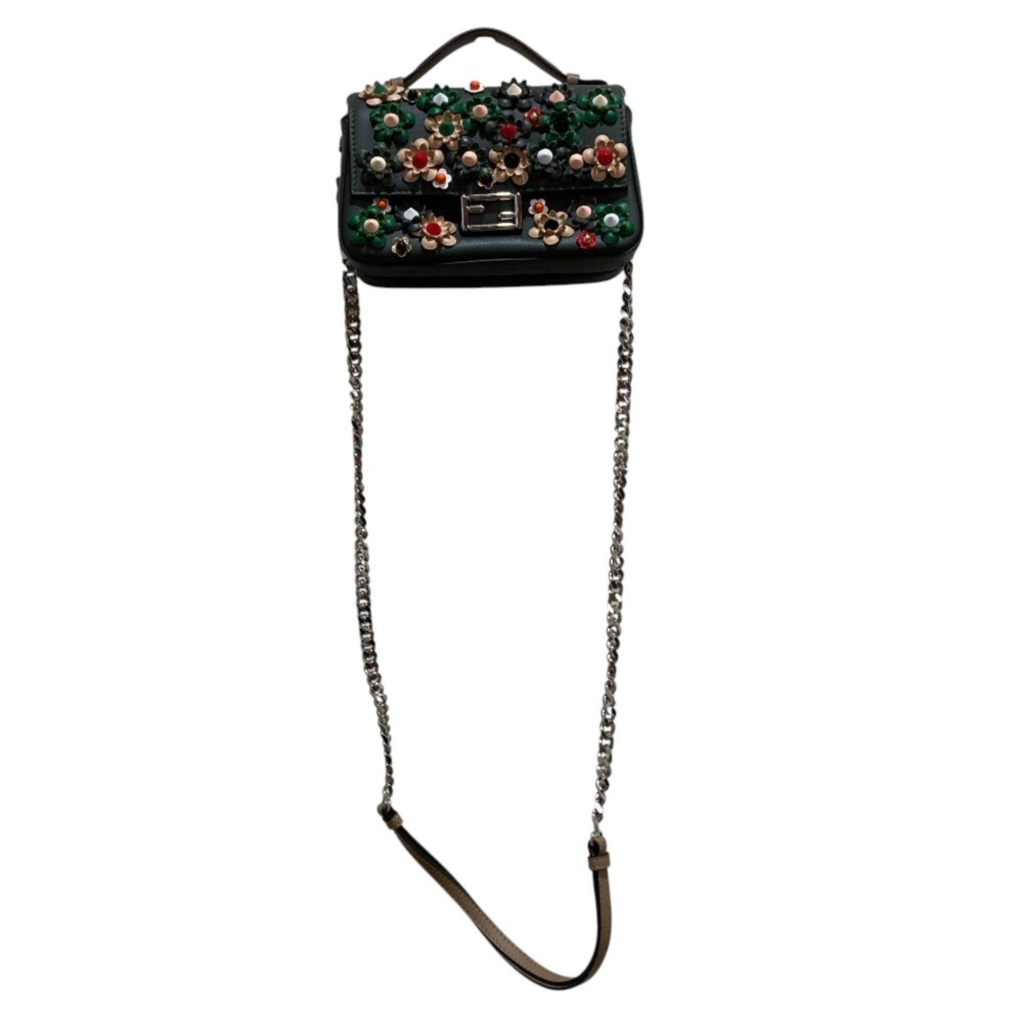 FENDI Fendi Applique Stud Flowerland Micro Double Bucket Chain Shoulder Bag Khaki Women's — Like New
