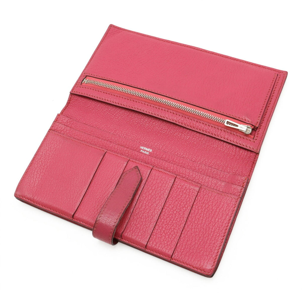 HERMES Bearn Soufflet Bi-fold Long Wallet in Chevre Leather, Fuchsia Pink, K Stamp