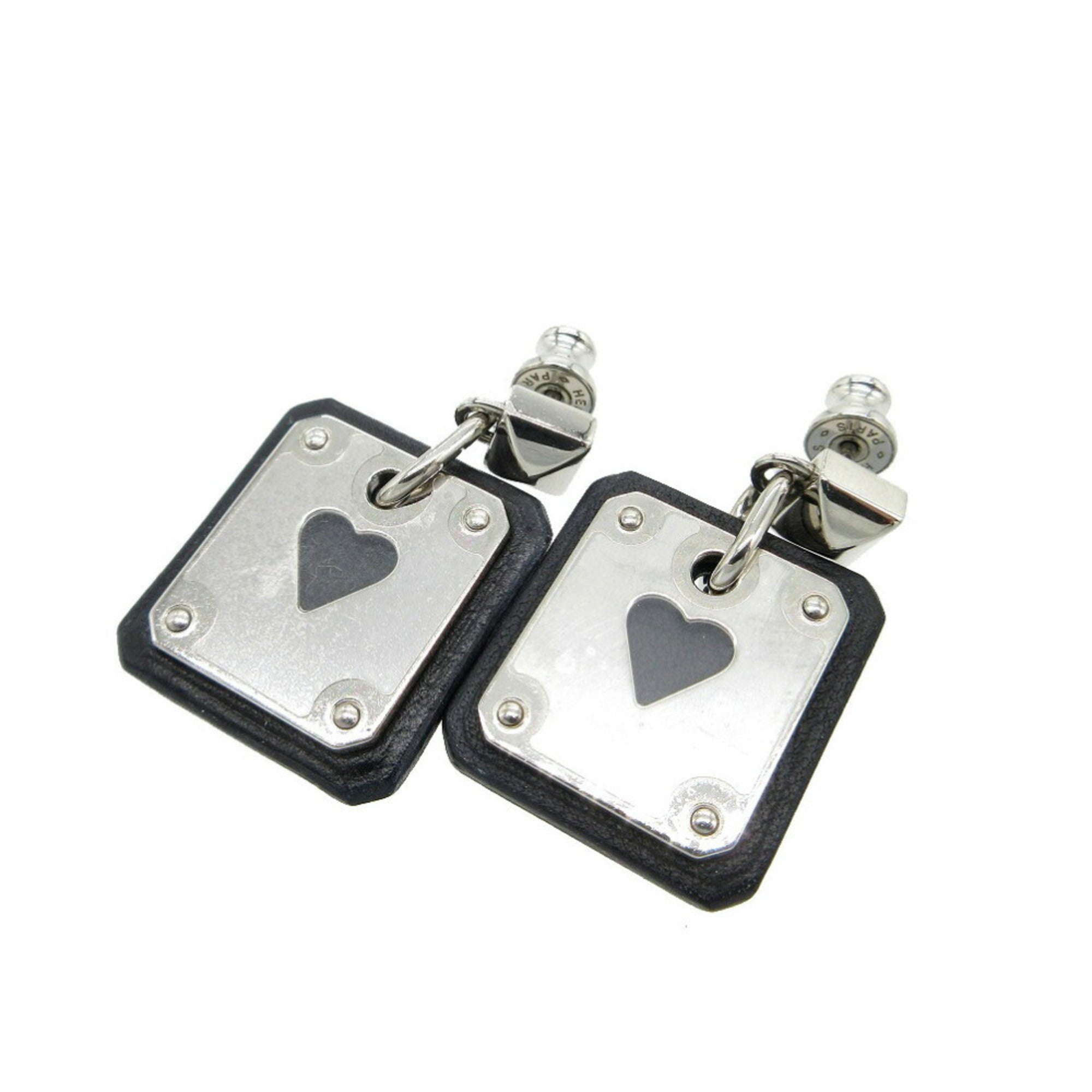Unused Hermes As de Coeur Heart Earrings Leather/Metal Black/Silver Z Stamp 0268HERMES — New - Store Return
