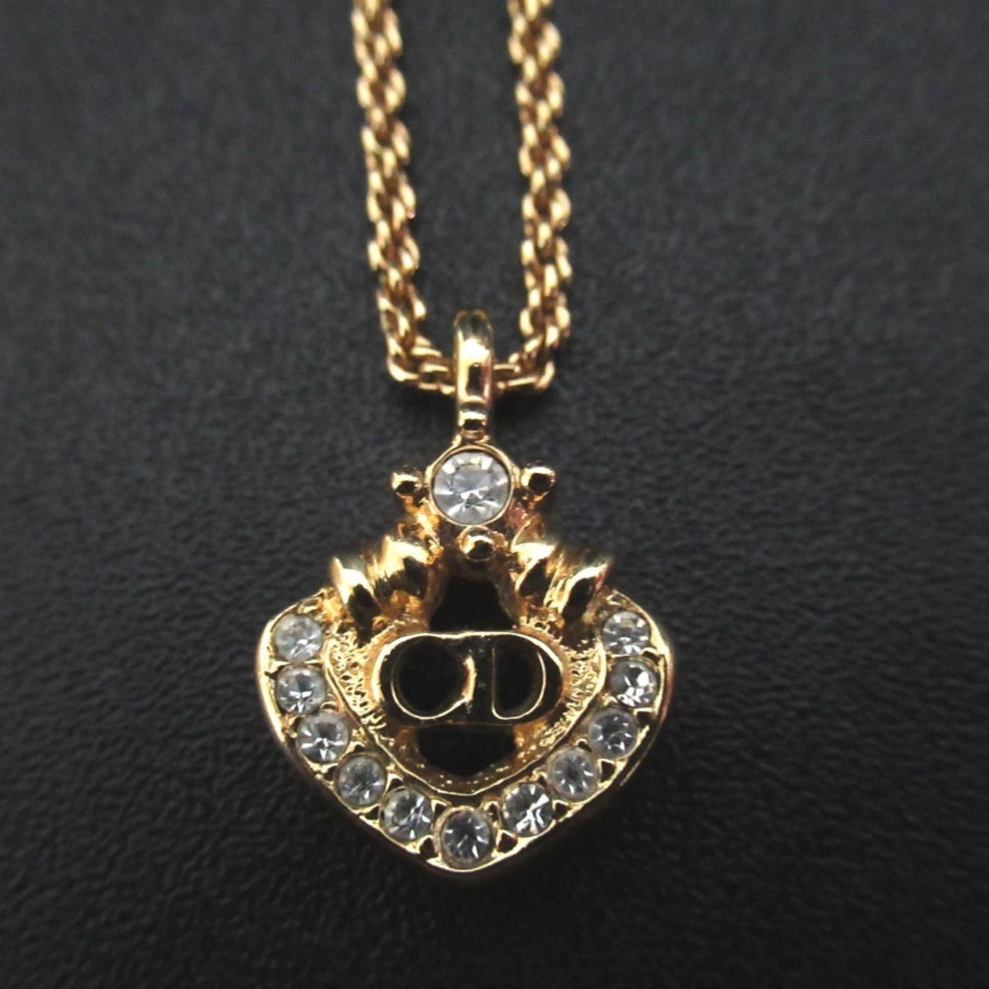 Christian Dior Vintage CD Logo Rhinestone Necklace Pendant GP Gold Color Women's