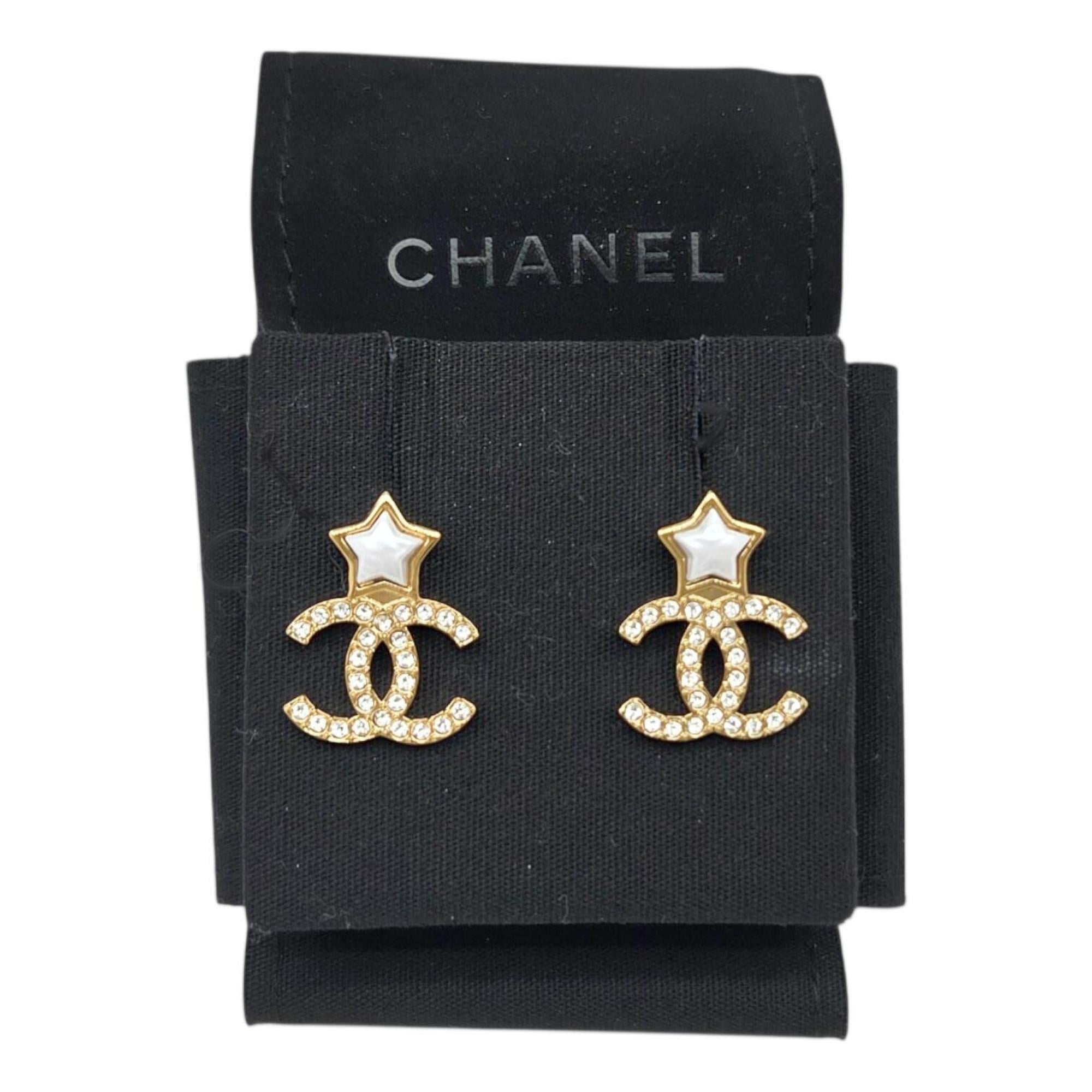CHANEL Star Earrings, Metal, Gold, B25V, Rhinestone, Coco Mark, White, Women's — Like New