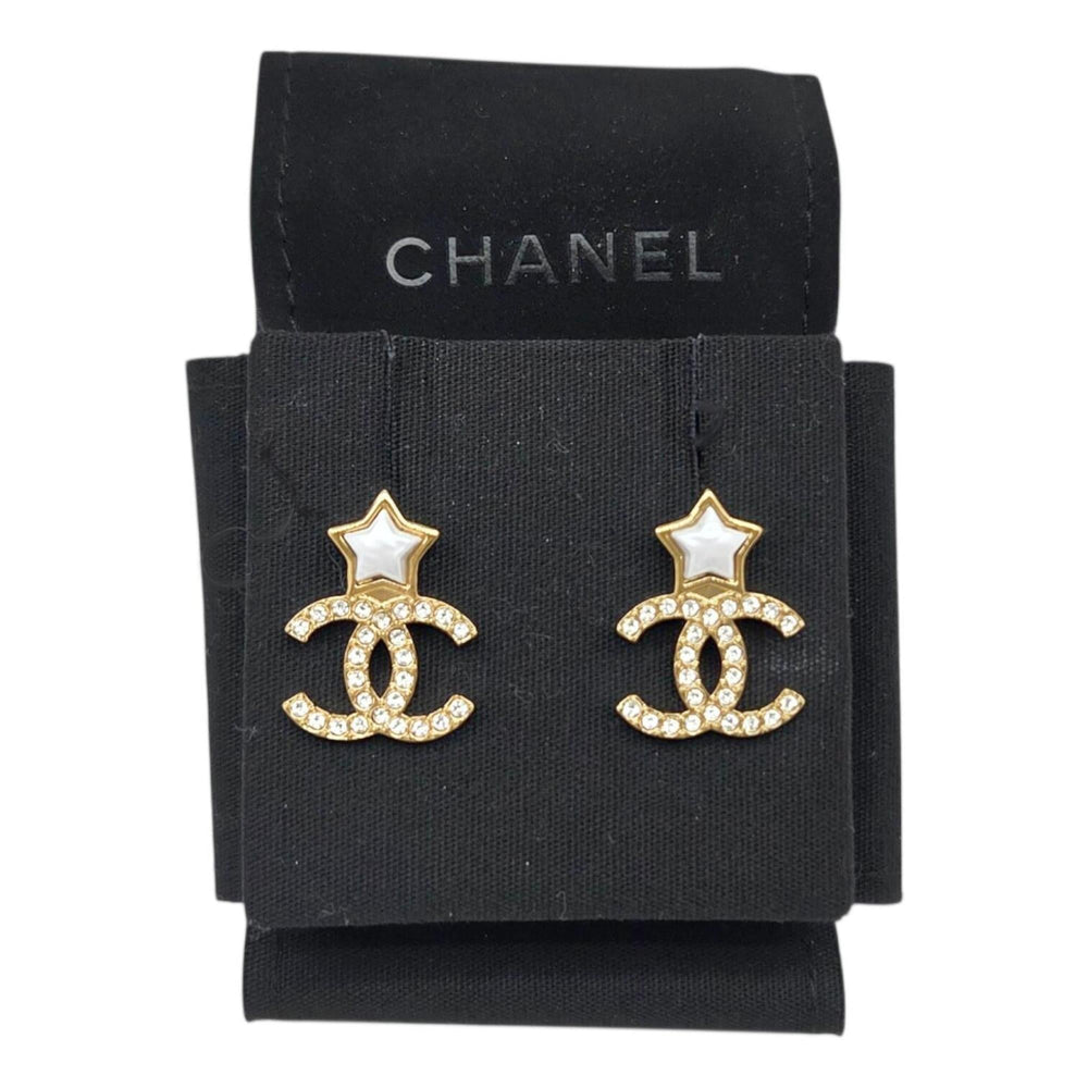 CHANEL Star Earrings, Metal, Gold, B25V, Rhinestone, Coco Mark, White, Women's — Like New