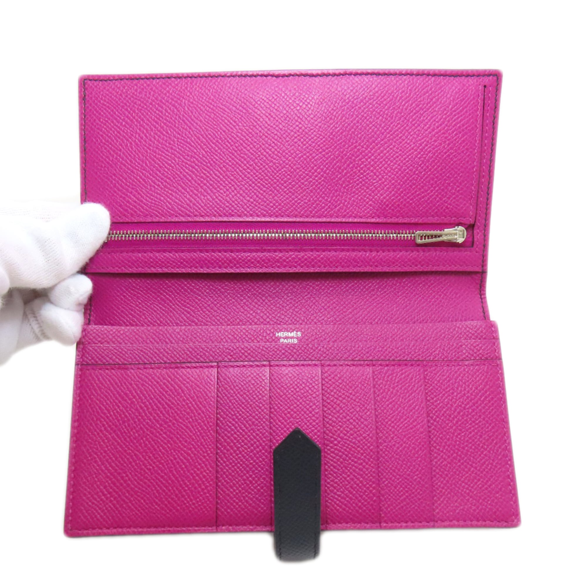 Hermes Hermès Bearn soufflet long wallet in blue indigo and rose purple with silver hardware, Epson, for women.