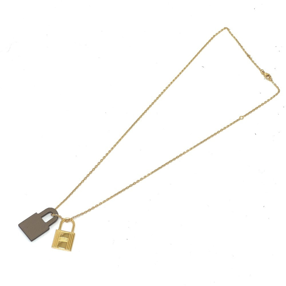 HERMES O'Kelly PM Necklace with Padlock Motif, GP Swift Leather, Etoupe Brown, Like New — Like New