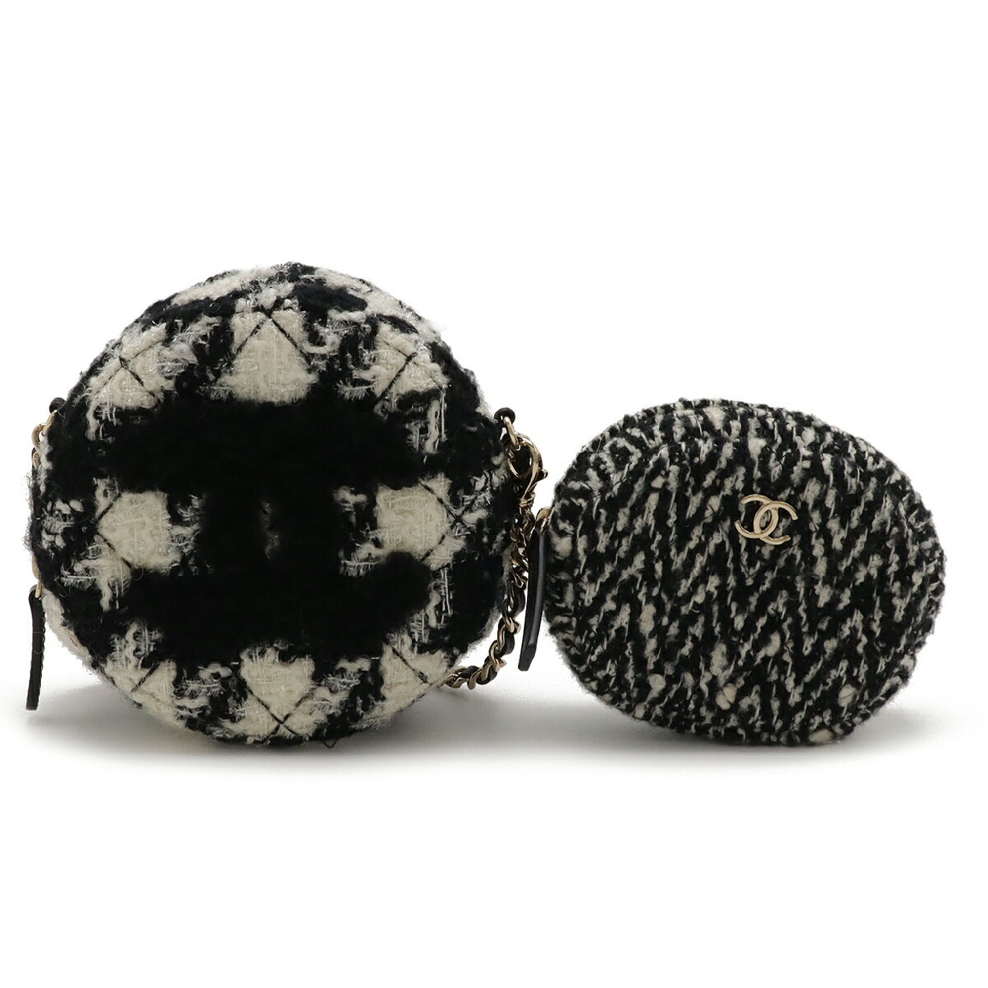 CHANEL Round Chain Shoulder Pochette in Houndstooth Tweed with Boa, Ivory and Black, AP0986 — Like New