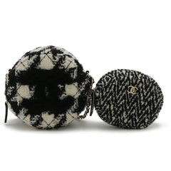 CHANEL Round Chain Shoulder Pochette in Houndstooth Tweed with Boa, Ivory and Black, AP0986 — Like New