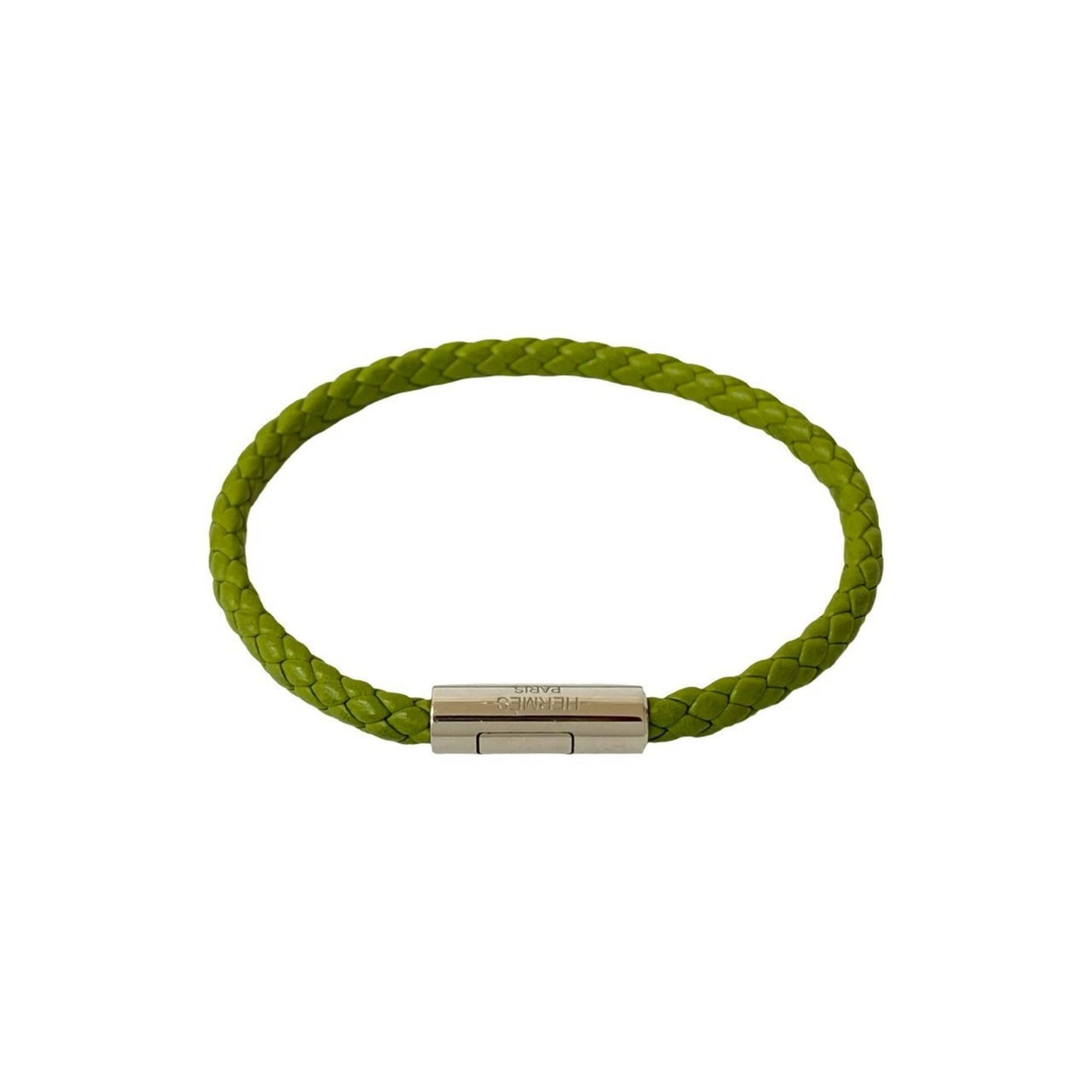HERMES Goliath Braided Leather Bracelet/Bangle in Light Green and Silver (99739)