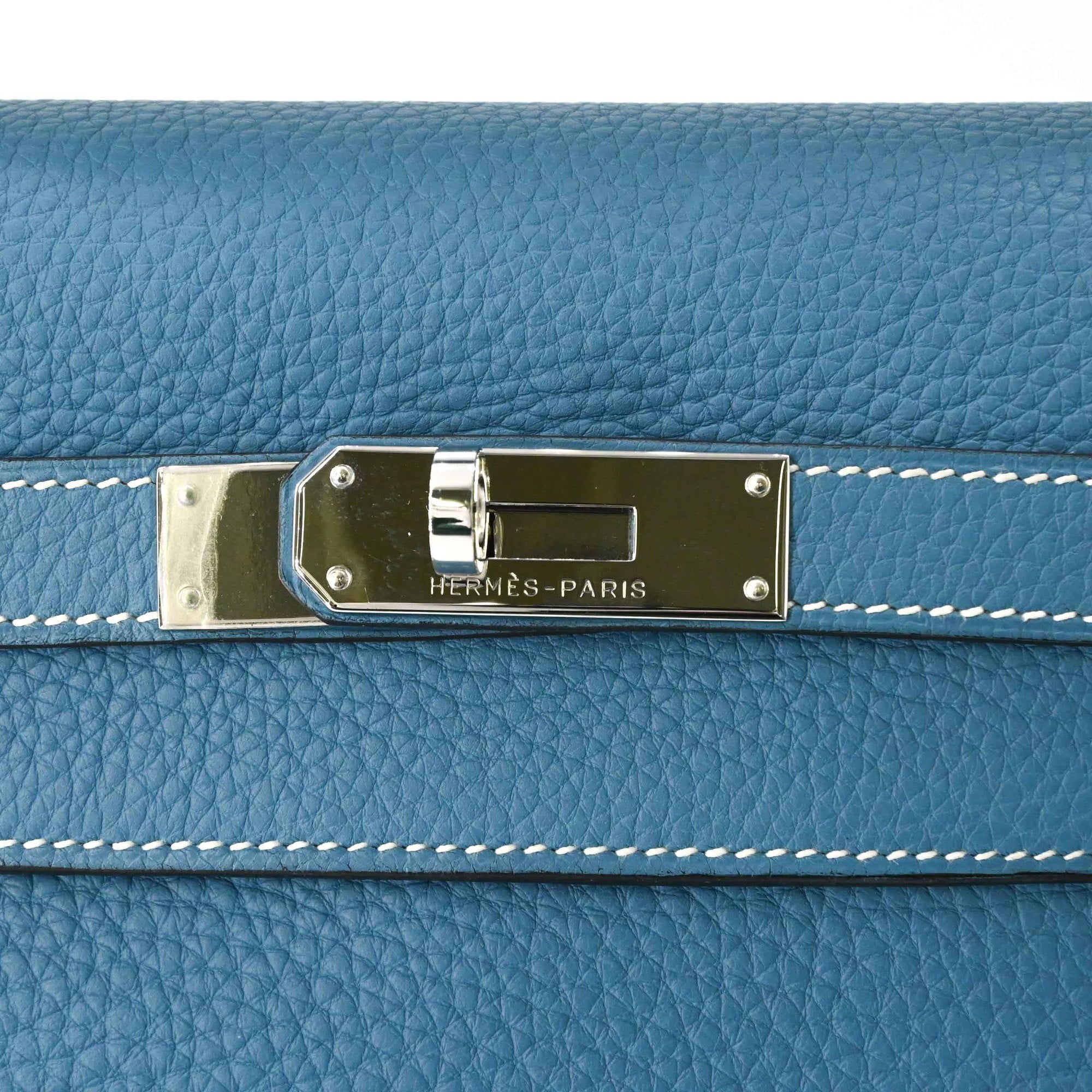 HERMES Kelly 28 Handbag Tote Bag, Taurillon Clemence Leather, Women's, Blue Jean — Like New