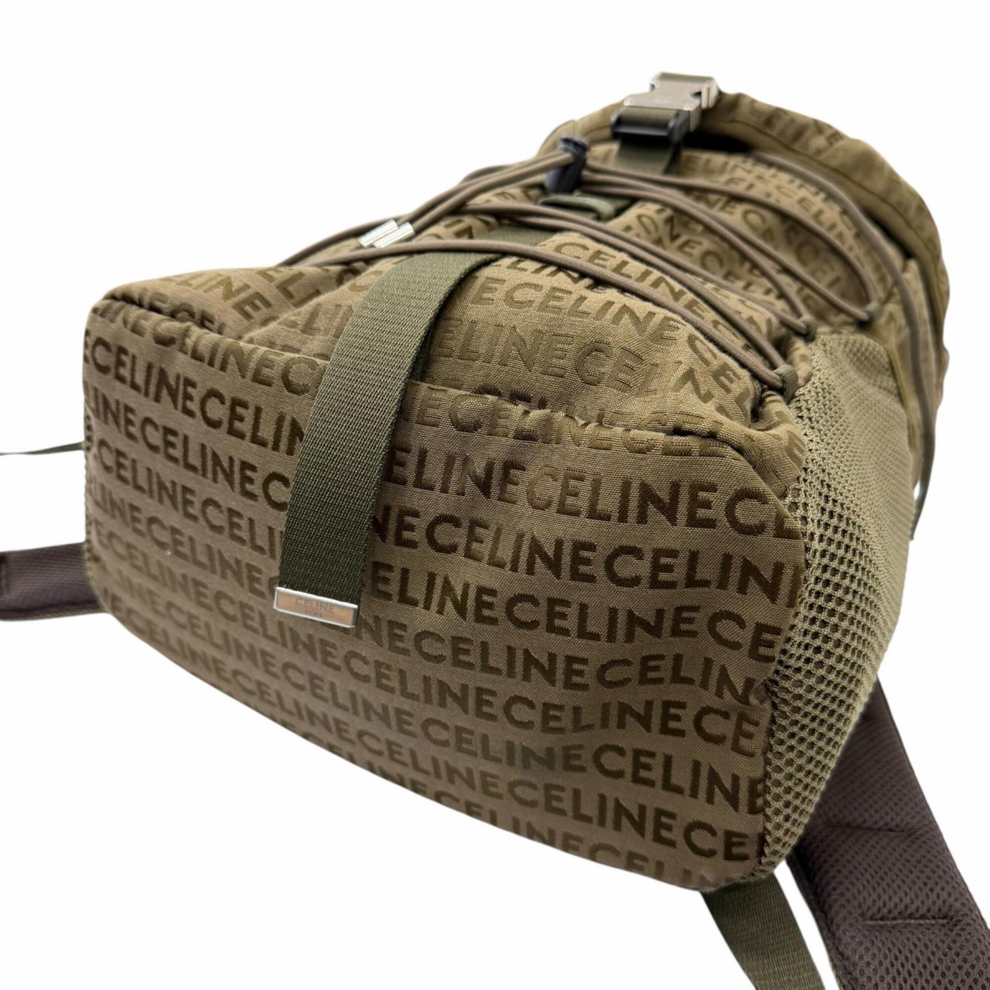 CELINE 198462 Canvas and Leather Trim, Logo Print Trekking Backpack/Daypack, Khaki, Men's, with Dust Bag — Like New