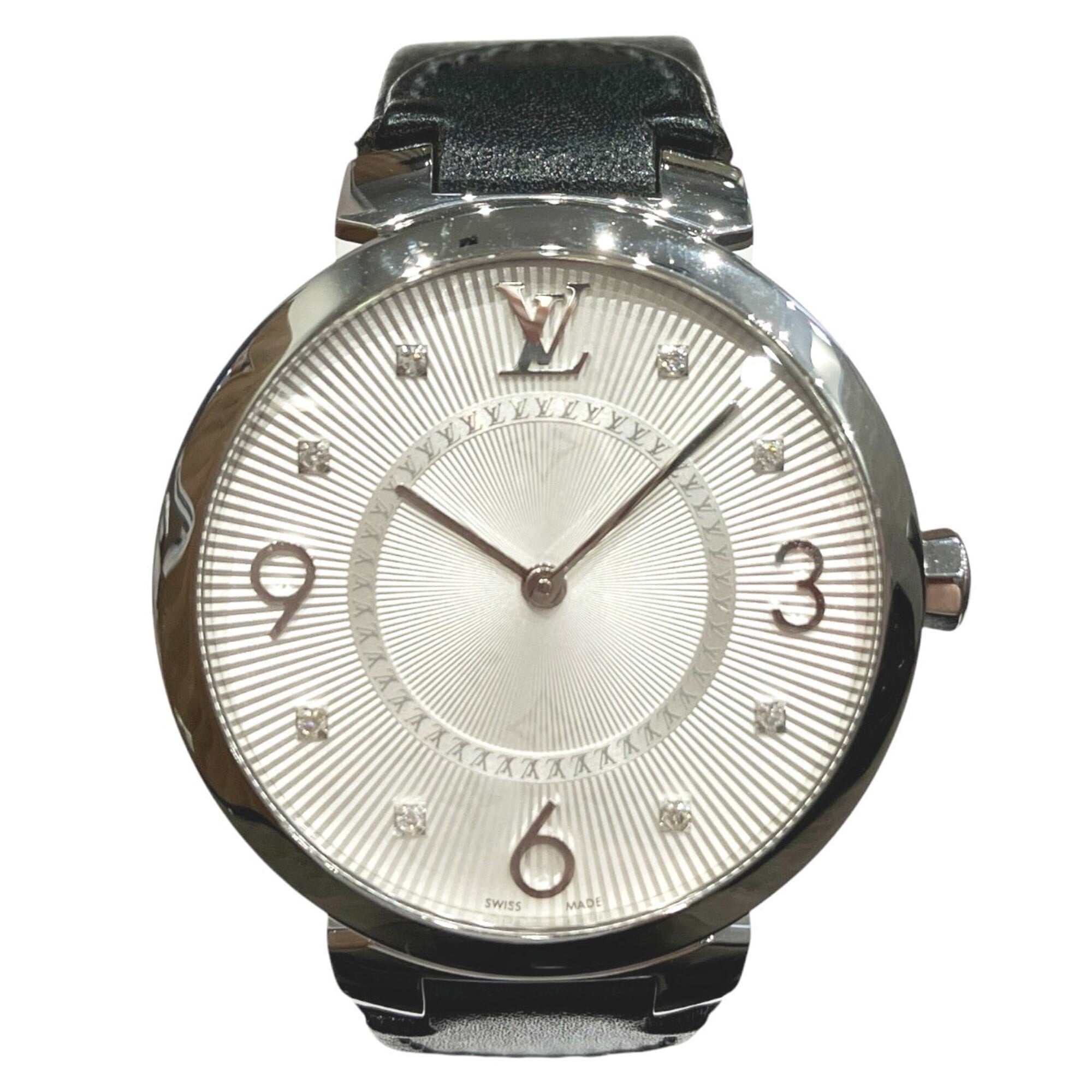 Louis Vuitton Tambour watch, total weight 48g, stainless steel, genuine leather strap, quartz movement, silver dial, Q13MJ — Good