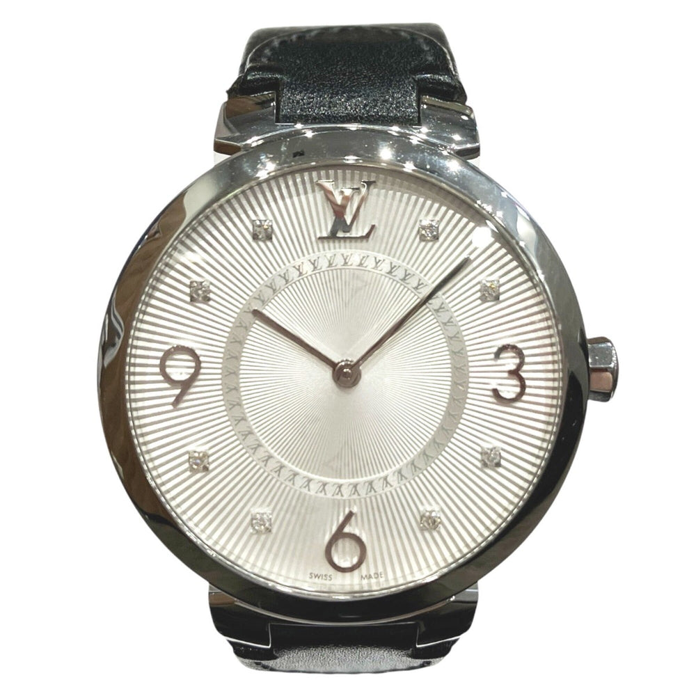 Louis Vuitton Tambour watch, total weight 48g, stainless steel, genuine leather strap, quartz movement, silver dial, Q13MJ — Good