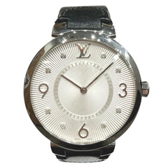 Louis Vuitton Tambour watch, total weight 48g, stainless steel, genuine leather strap, quartz movement, silver dial, Q13MJ — Good