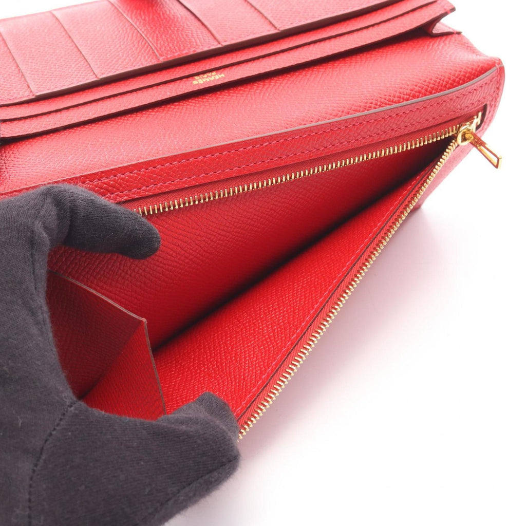 Hermes Hermès Bearn Soufflet Bi-fold Long Wallet in Calfskin Leather (Cowhide) with Epsom Leather, Red, for Women