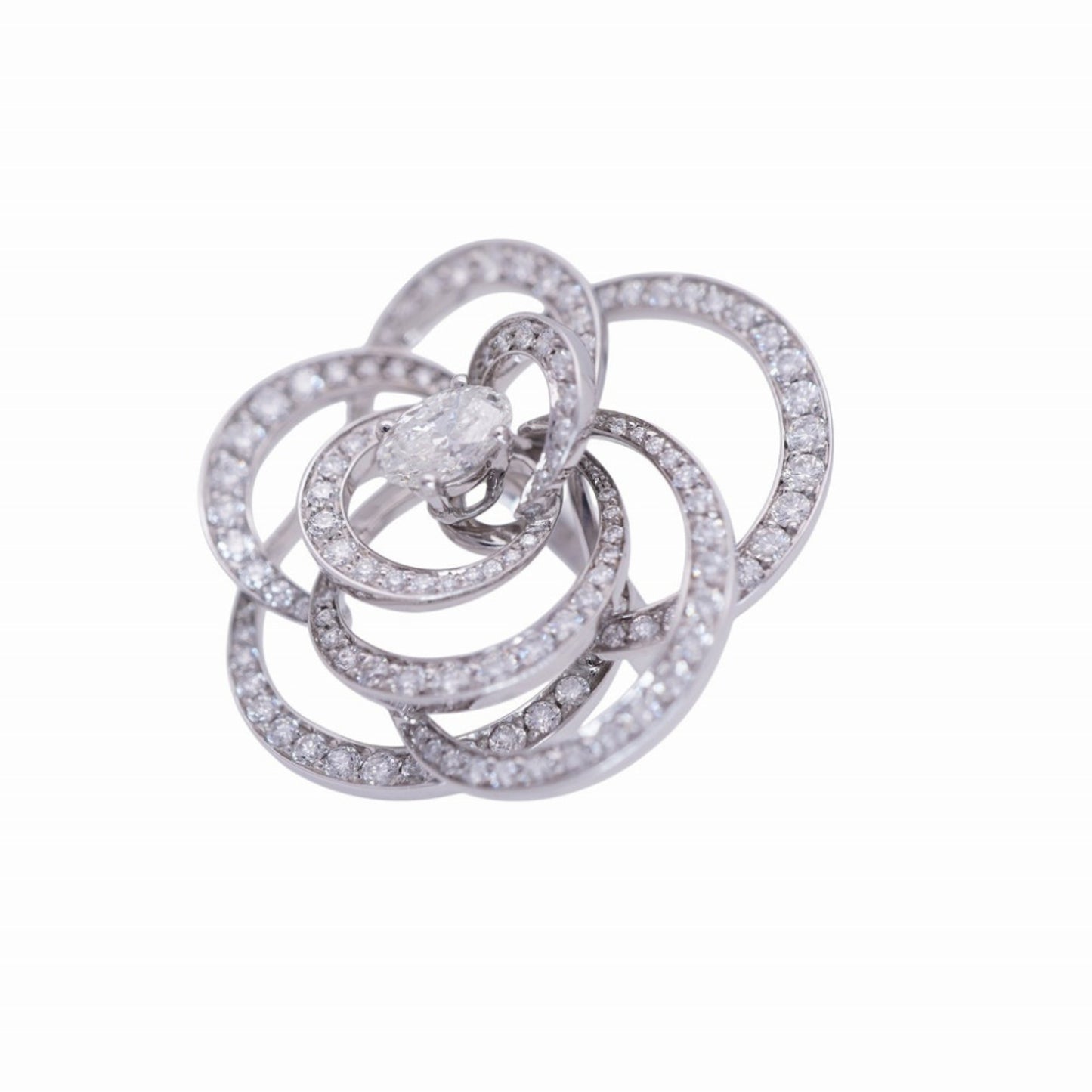 CHANEL Camellia Oval Ring with 0.8ct Diamonds / 140ct and 1.81ct Diamonds, #51, 18KWG 750 White Gold, 0234, Women's