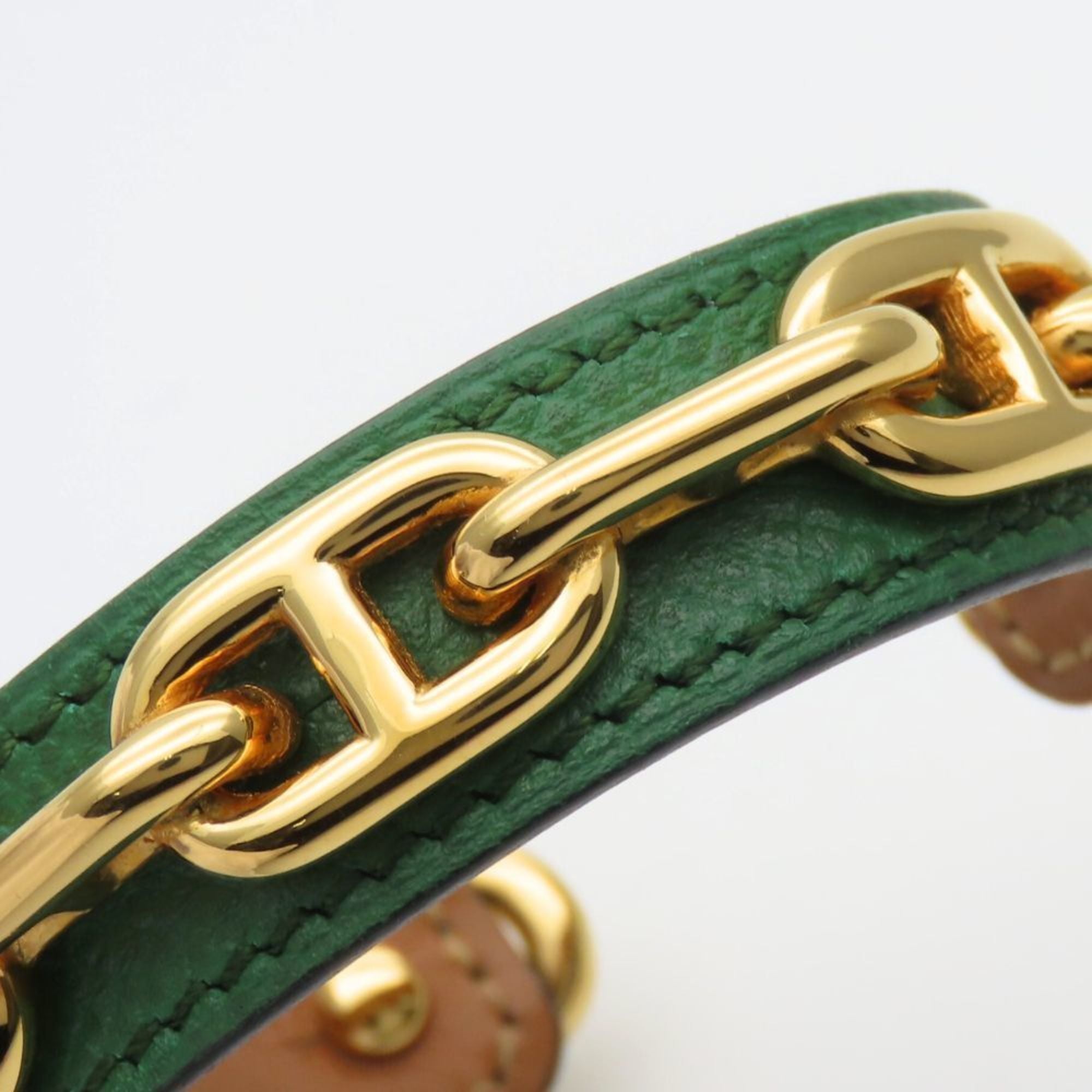 Hermes Chaine d'Ancre Bangle, Leather and Metal, Green Gold Plated, GP, Women's, HERMES
