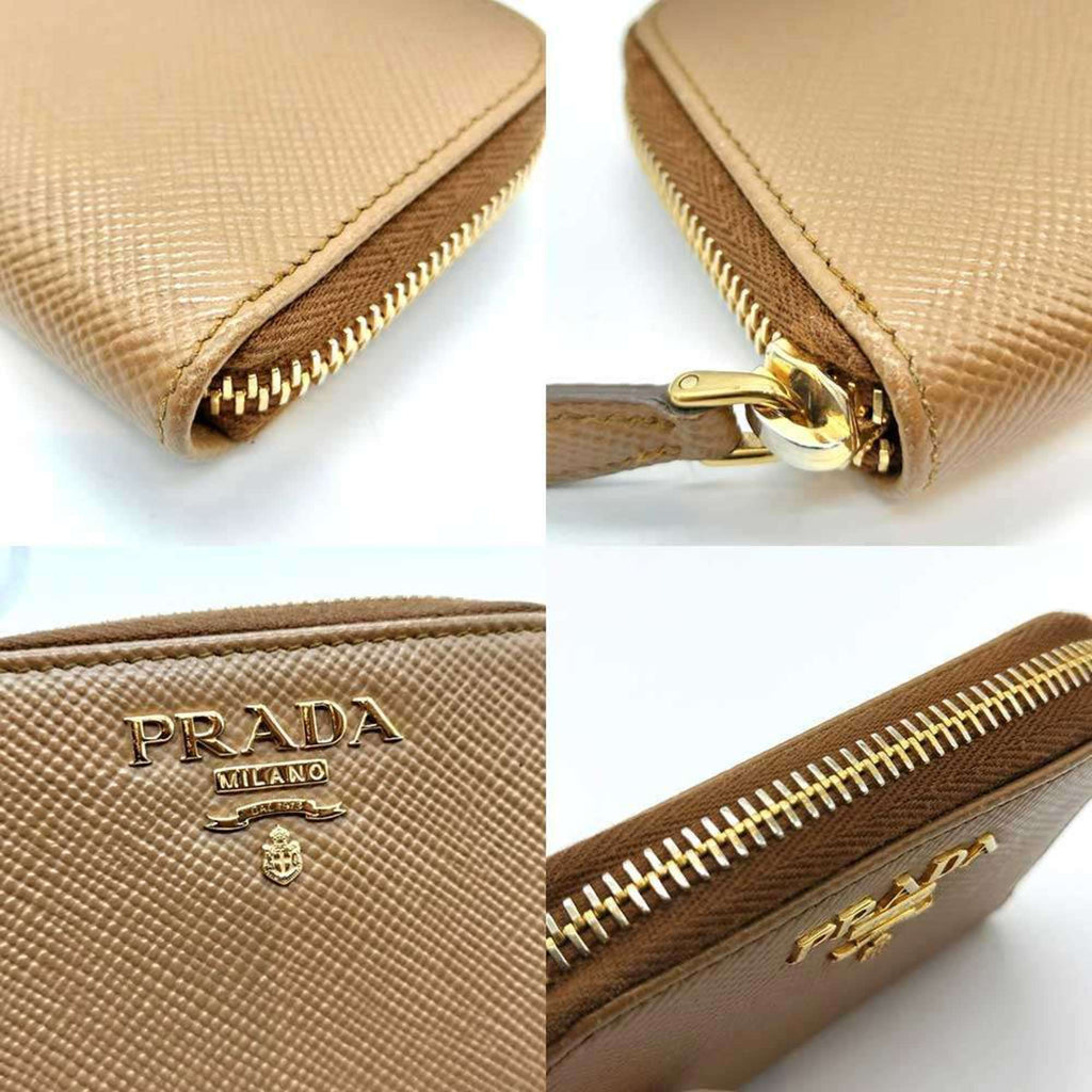 Prada coin case, round, camel and brown Saffiano leather, 1MM268 PRADA