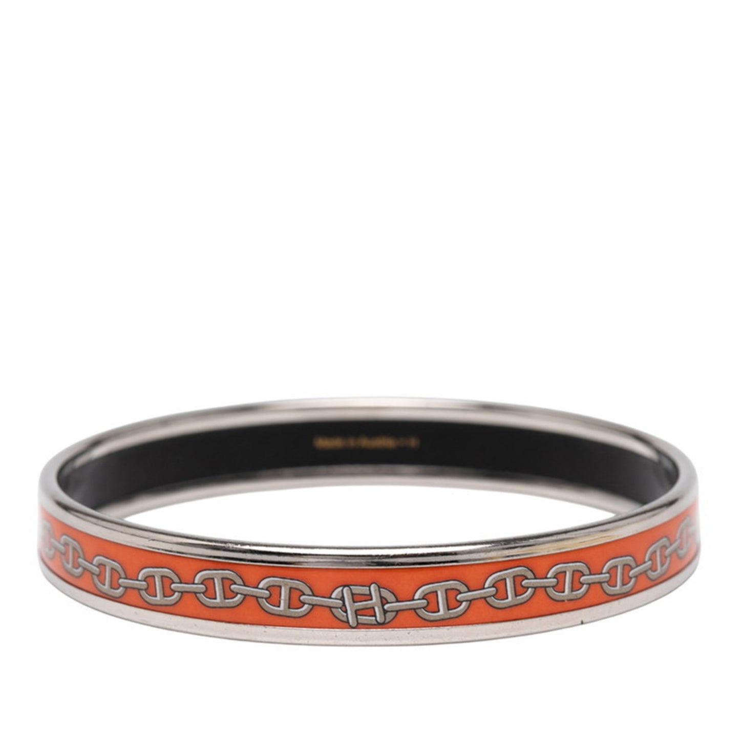Hermes enamel Chaine d'Ancre motif bangle in silver and orange metal for women.