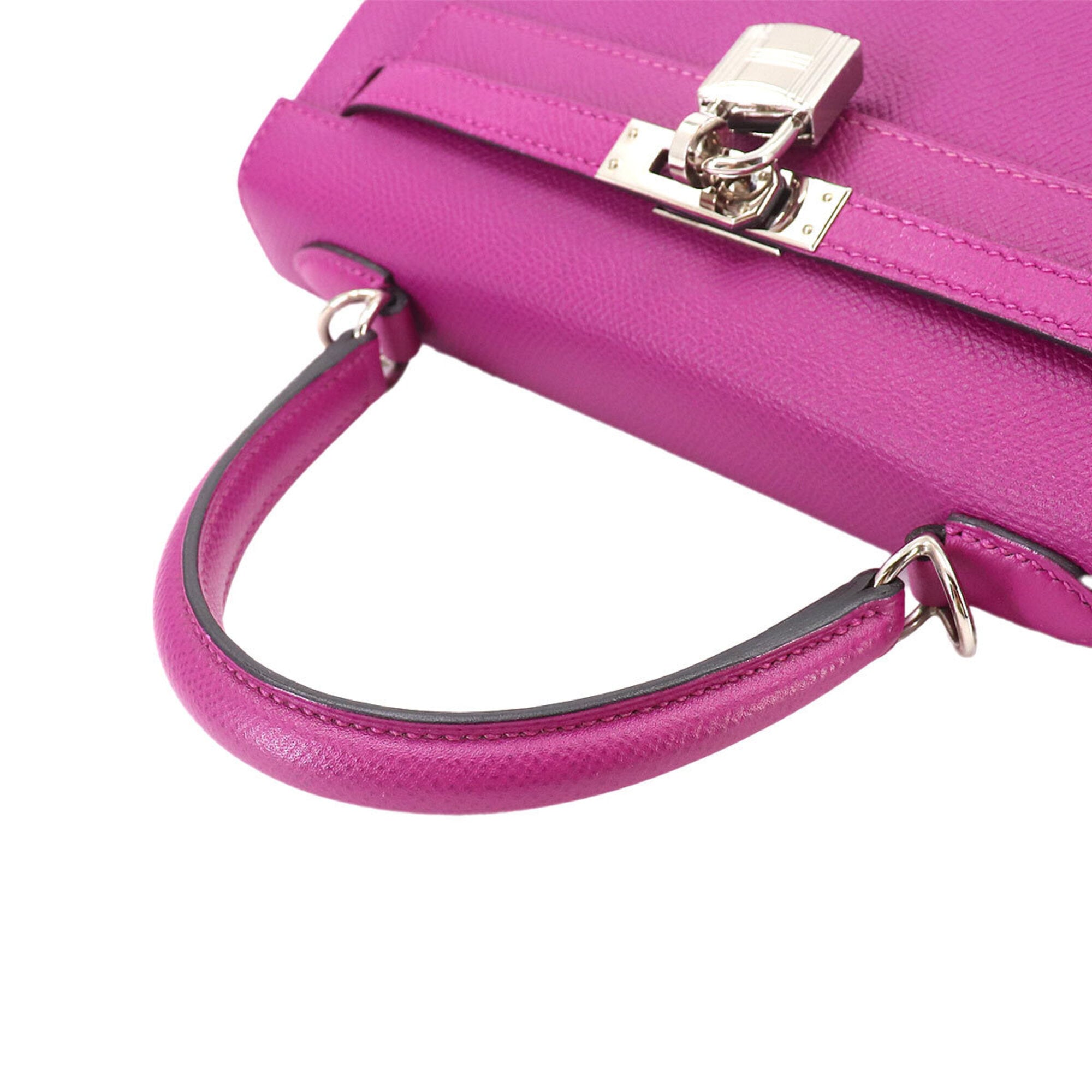 Hermes Kelly 25 Epsom Rose Purple 2-way Handbag Shoulder Bag with external stitching, C stamp, silver hardware — Like New