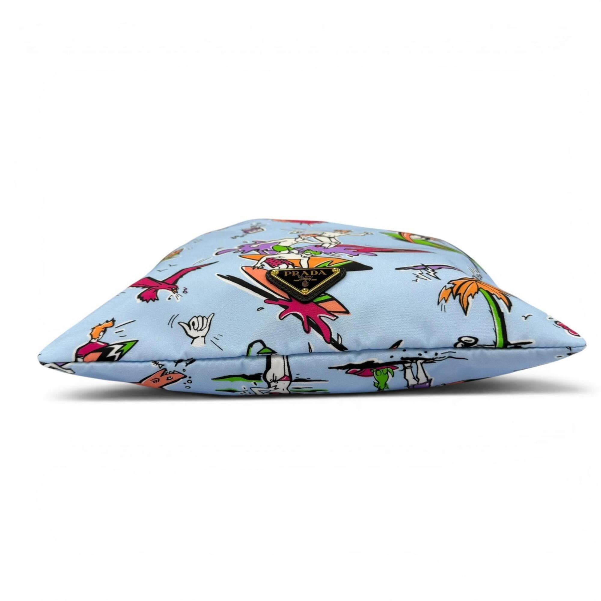 PRADA 1NK001 Triangle Logo Surfing Print Drawstring RE-NYLON Bag Pouch Blue Multicolor Made in Italy Women's — Like New