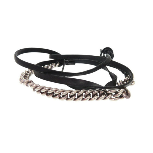 Hermes Chain Silver 925 Leather Bracelet Black 1312HERMES