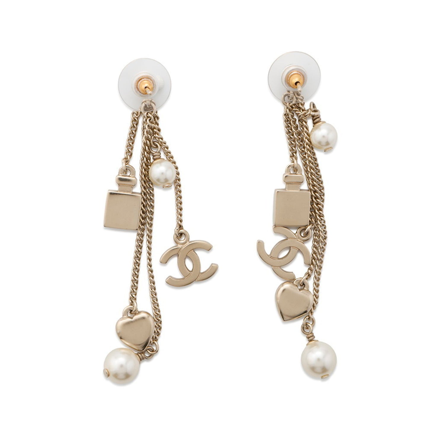 CHANEL Coco Mark Swing Perfume Bottle Heart Faux Pearl Metal Earrings B18B