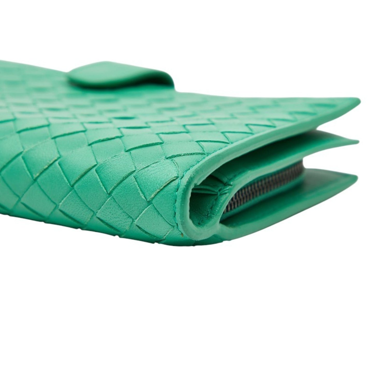 Bottega Veneta Intrecciato Round Zip Long Wallet Green Leather Women's BOTTEGAVENETA