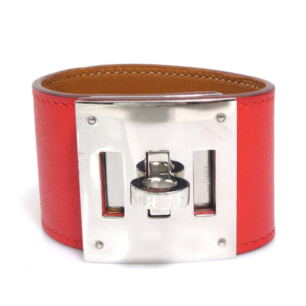 Hermes Hermès Kelly Dog Leather/Metal Bracelet in Orange Red and Silver, Women's, e61189a