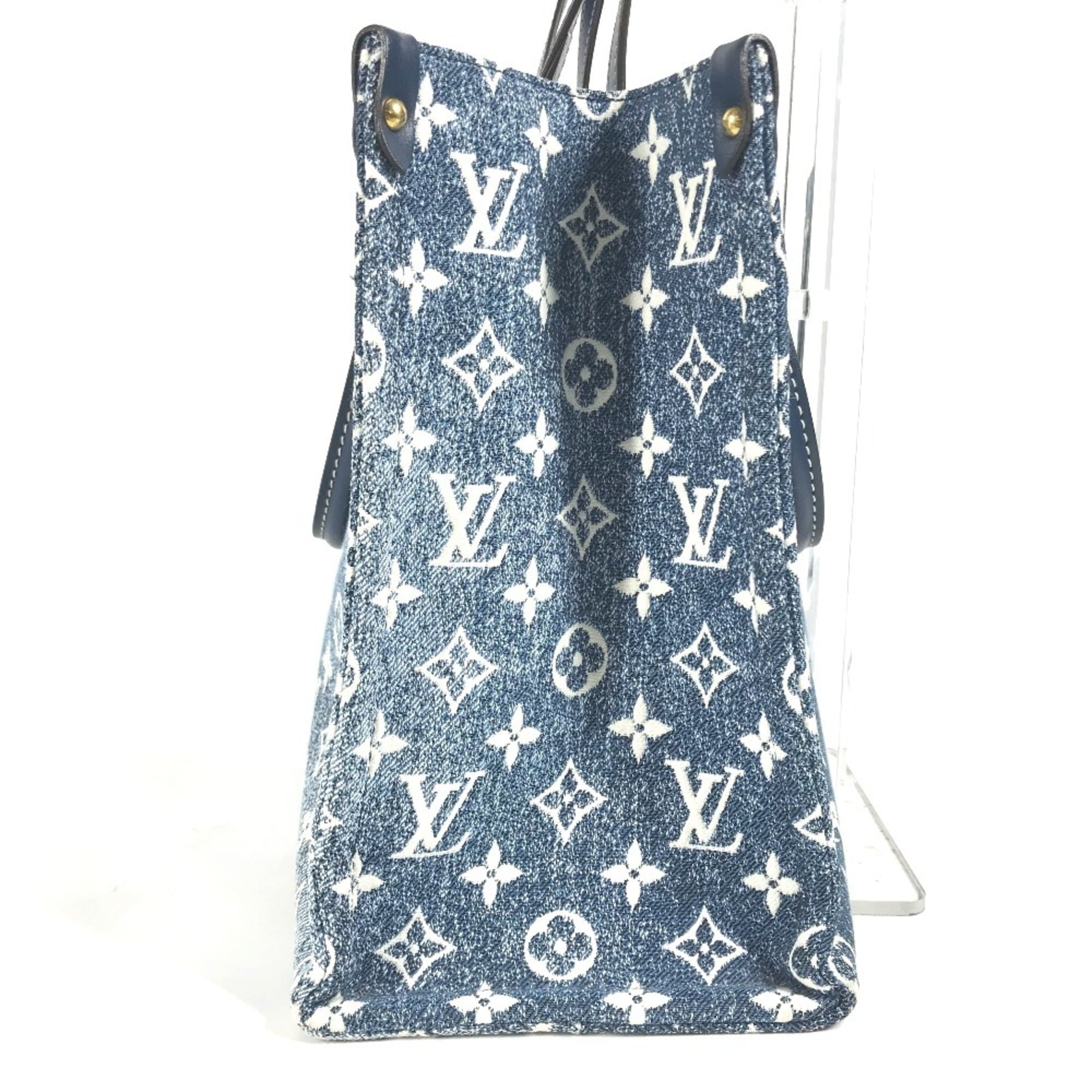 LOUIS VUITTON M59608 Monogram Denim Jacquard On the Go MM Bag Tote Shoulder Canvas Leather Women's Marine Blue D-240804-17 — Like New