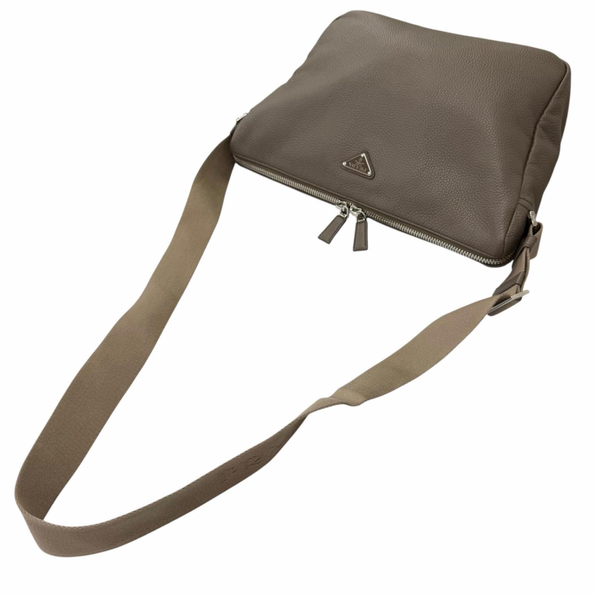 PRADA 2VH182 Vitello Daino Leather Triangle Logo Crossbody Shoulder Bag, Greige, Made in Italy, Men's — Like New