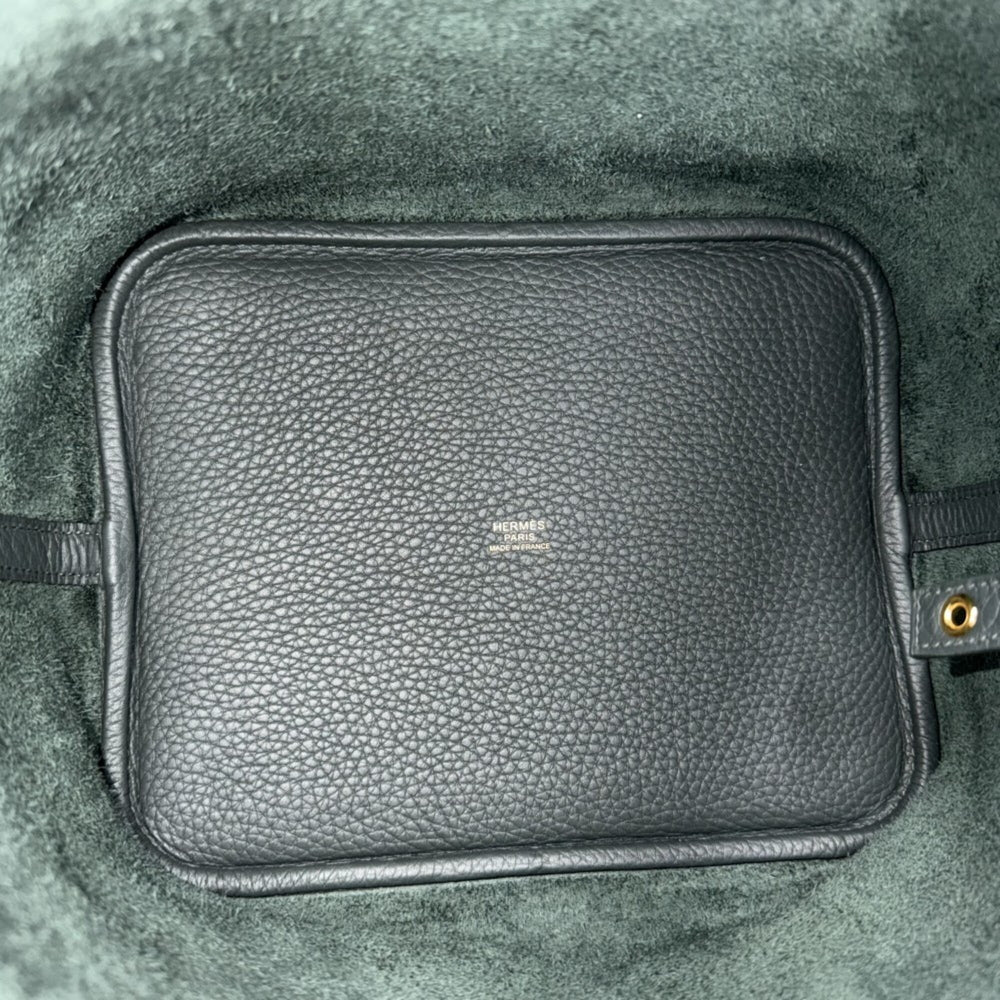 Hermes Picotin Lock MM handbag for women, dark green, HERMES K stamp, Taurillon Clemence leather, Vert Mangrove, gold hardware, 2025 model — Like New