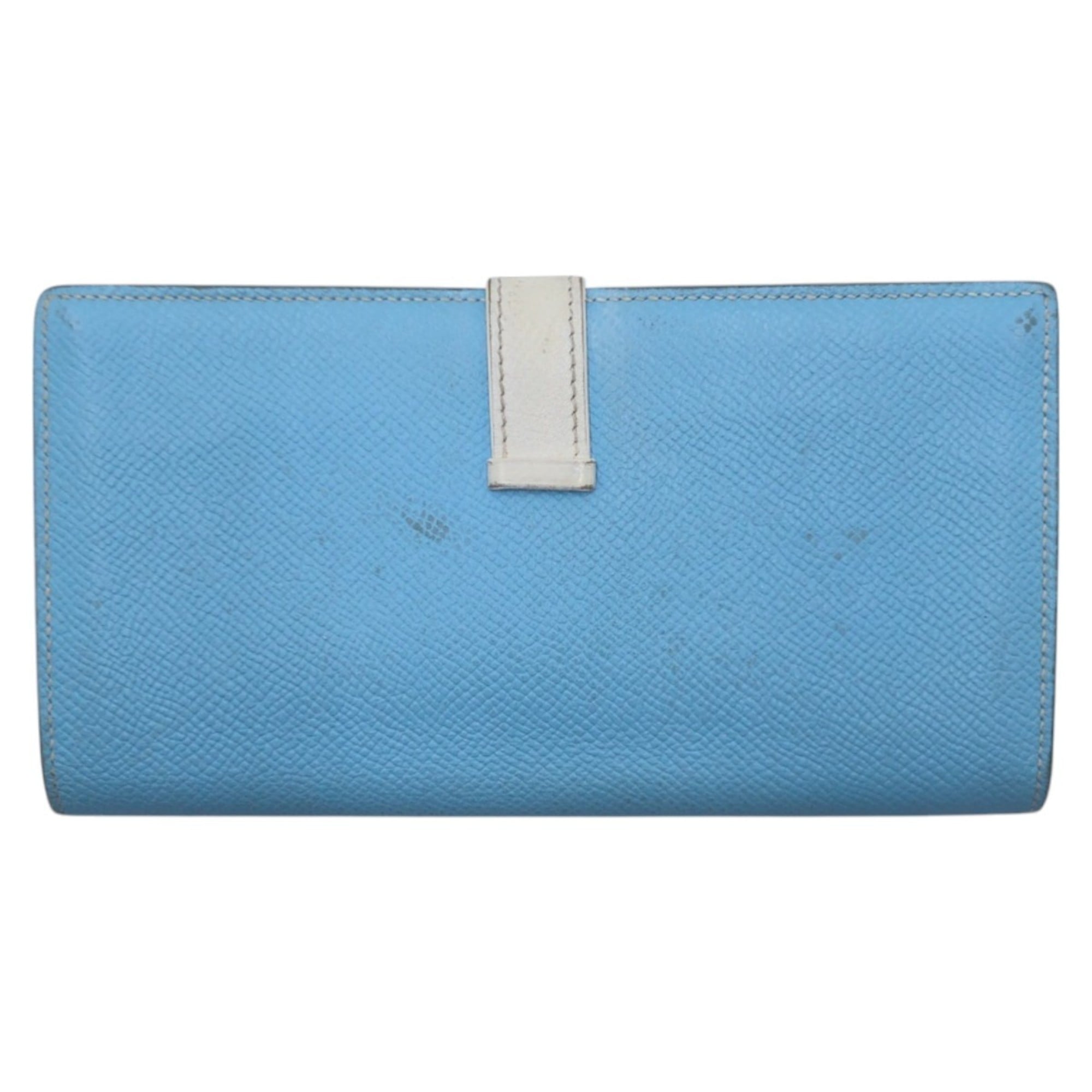 HERMES Bearn Soufflet Blue, Light and White Epsom Leather Long Wallet, □O ★ Stamped, Women's